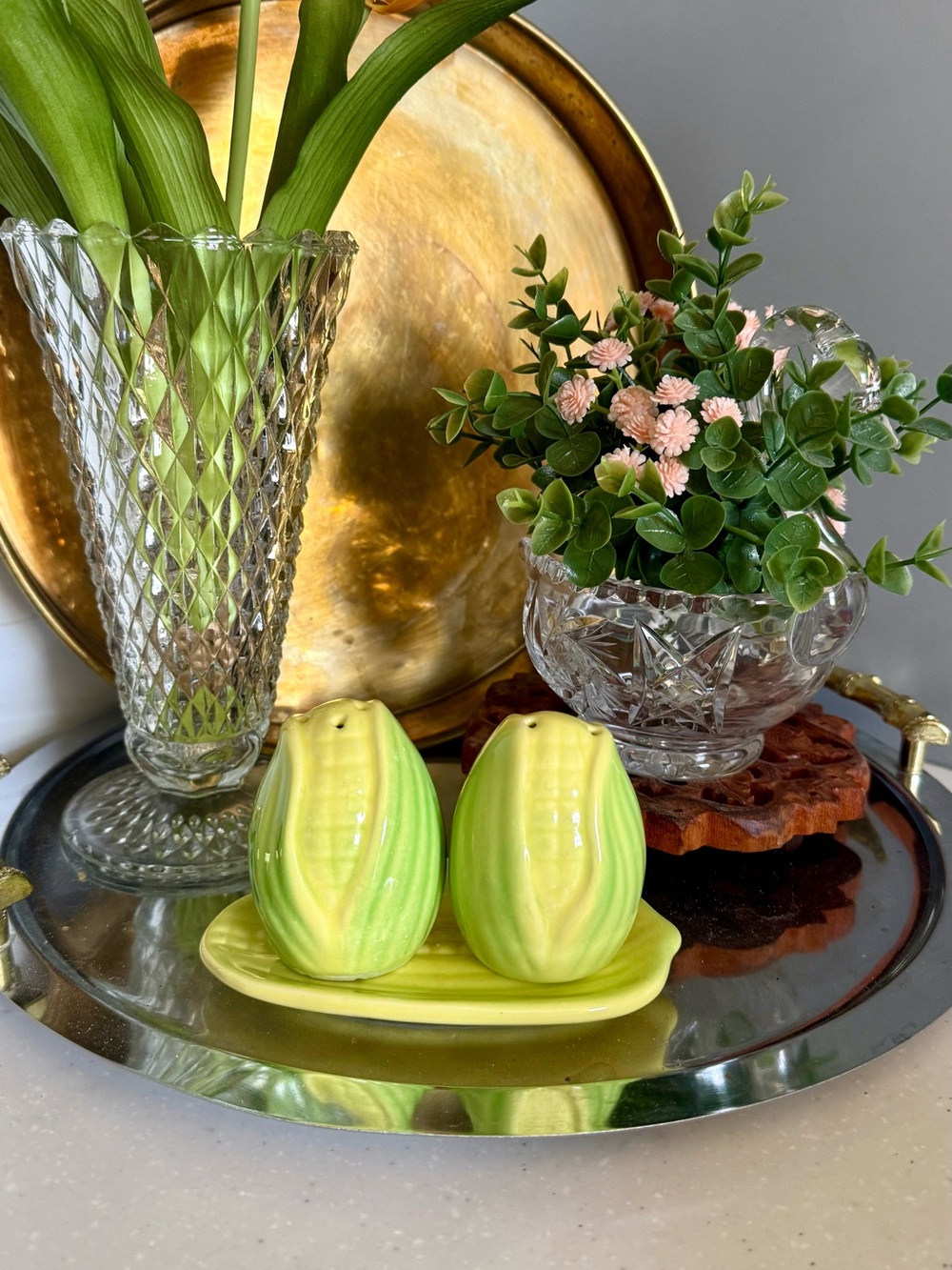 Vintage Green Ceramic Corn Salt & Pepper Shakers with Tray
